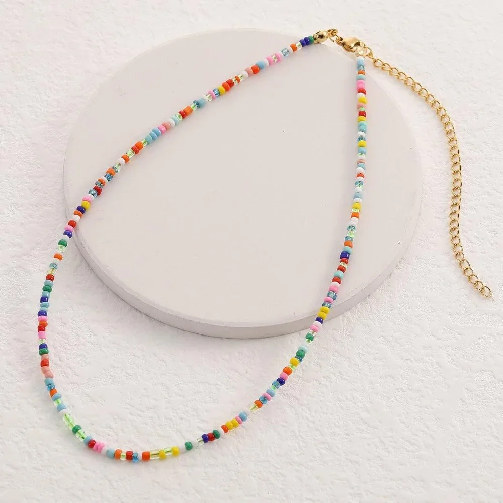 Freshwater Pearl Beaded Necklace for Women Handmade Boho Colorful Glass Beads Ch - Picture 2 of 6